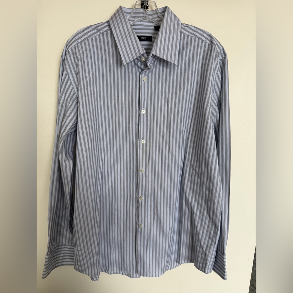 Hugo Boss Men's Gray and Blue Pinstripe Button Down